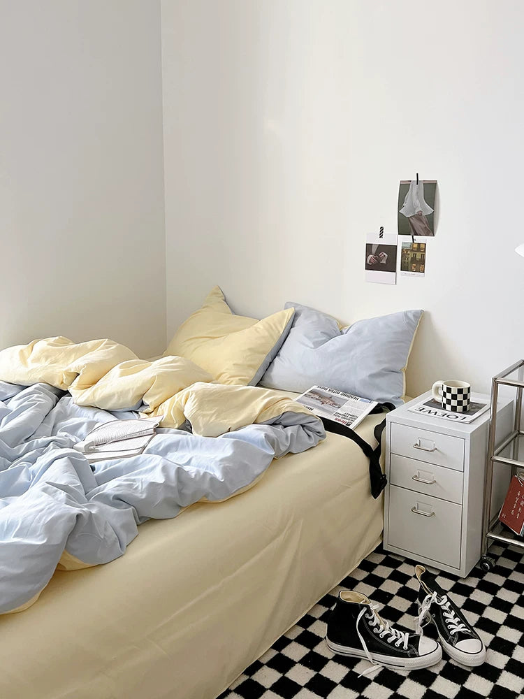 Washed Cotton Color-Block Bedding Set - Sky Blue + Butter