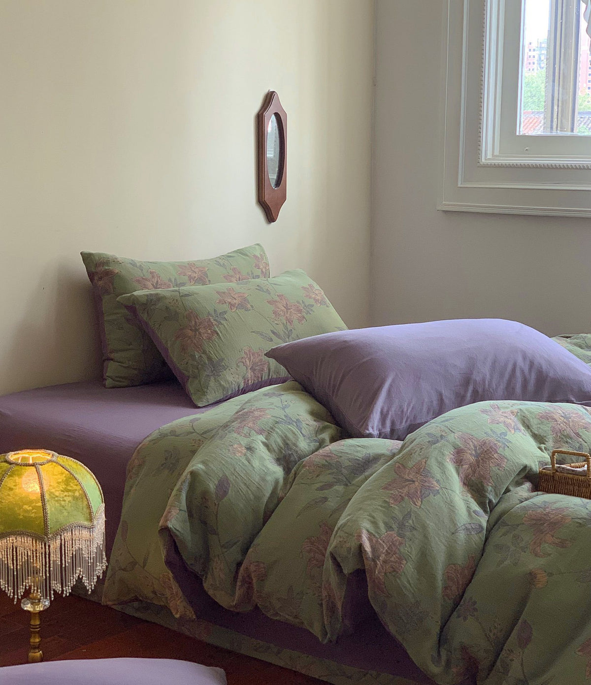 Florhaven Sage Botanical bedding set – sage botanical, angled view of the duvet and coordinating pillows, view 5 - Roomden