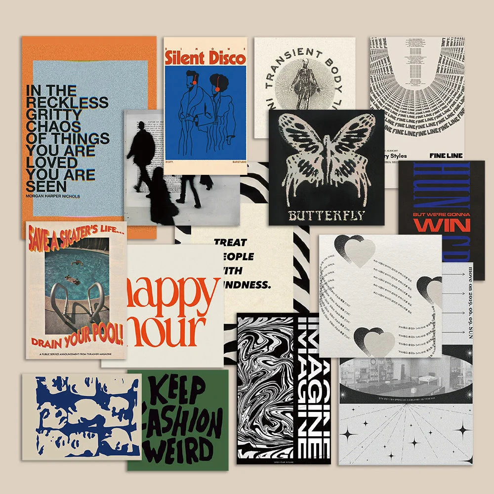 An overlapping, collage-style arrangement of the 16 posters in the Indie Aesthetic Wall Collage Kit on a neutral background - RoomDen