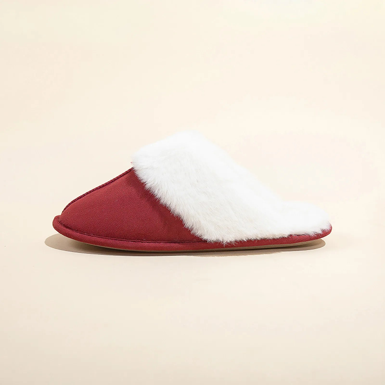 Side profile of Red Plush Faux Suede House Slipper showing deep red exterior.