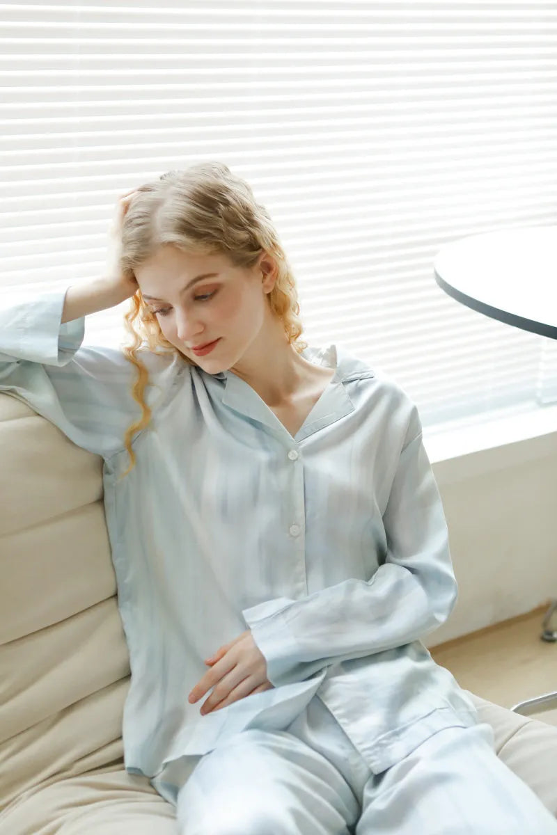 Relaxed pose in Ice Blue Striped Cotton Sateen Pajama - RoomDen