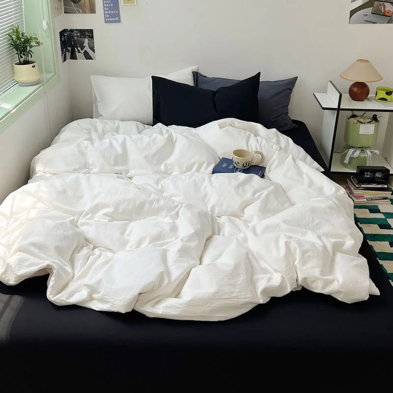 RoomDen Soft Washed Cotton Bedding Set White Duvet with Black Sheet - Danish Pastel