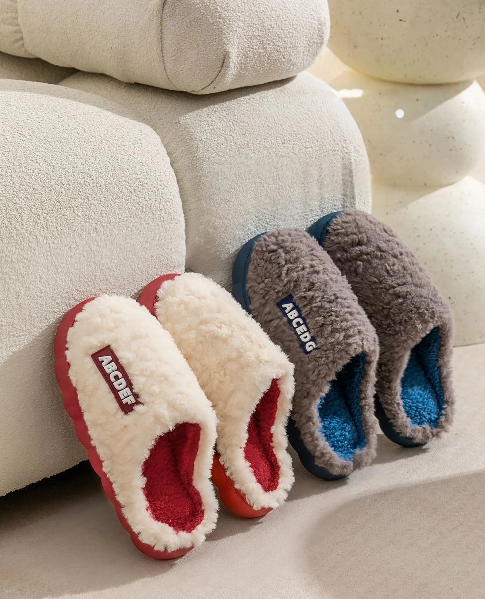 White and Red Plush Textured Polyester House Slippers with letter patch detail - RoomDen