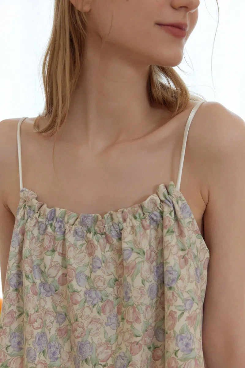 RoomDen Soft Ditsy Floral Washed Cotton Slip Pajama - Detail of neckline and skin texture