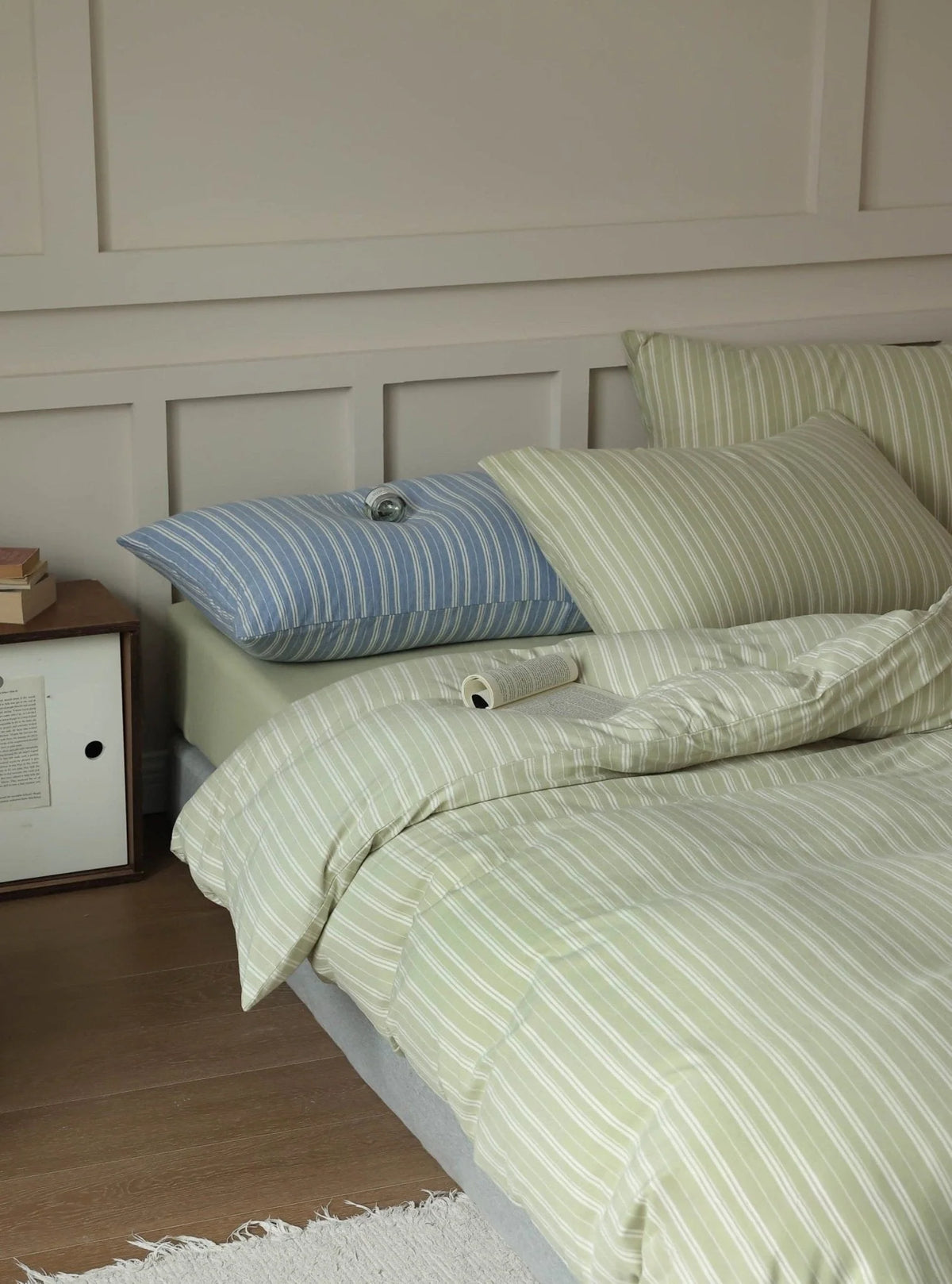 Denby striped jersey cotton bedding set in sage green, view 2