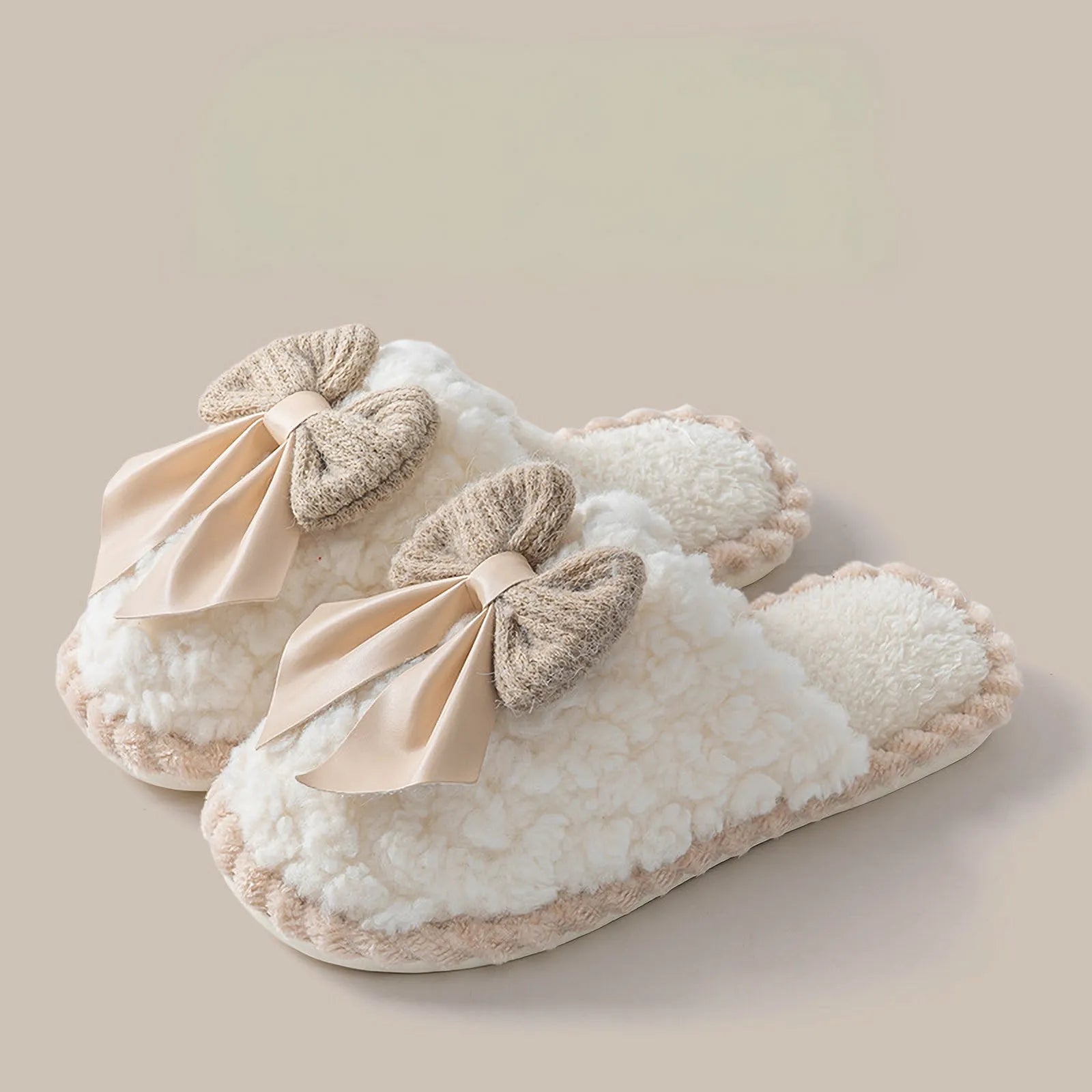 Pair of White soft sherpa house slides with bow detail - RoomDen