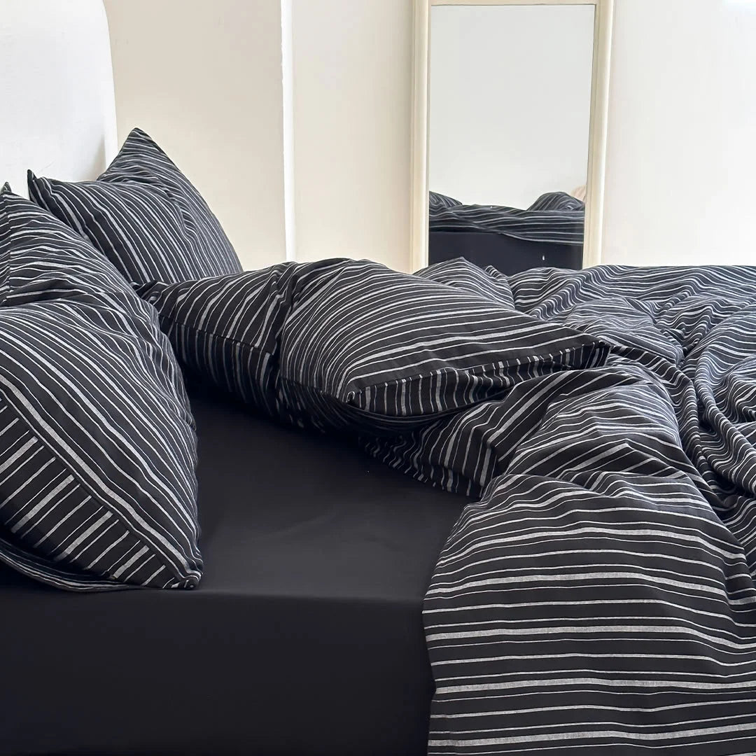Detail Shot of Soft Washed Cotton Texture in Black Striped Pattern - RoomDen