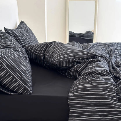 Detail Shot of Soft Washed Cotton Texture in Black Striped Pattern - RoomDen