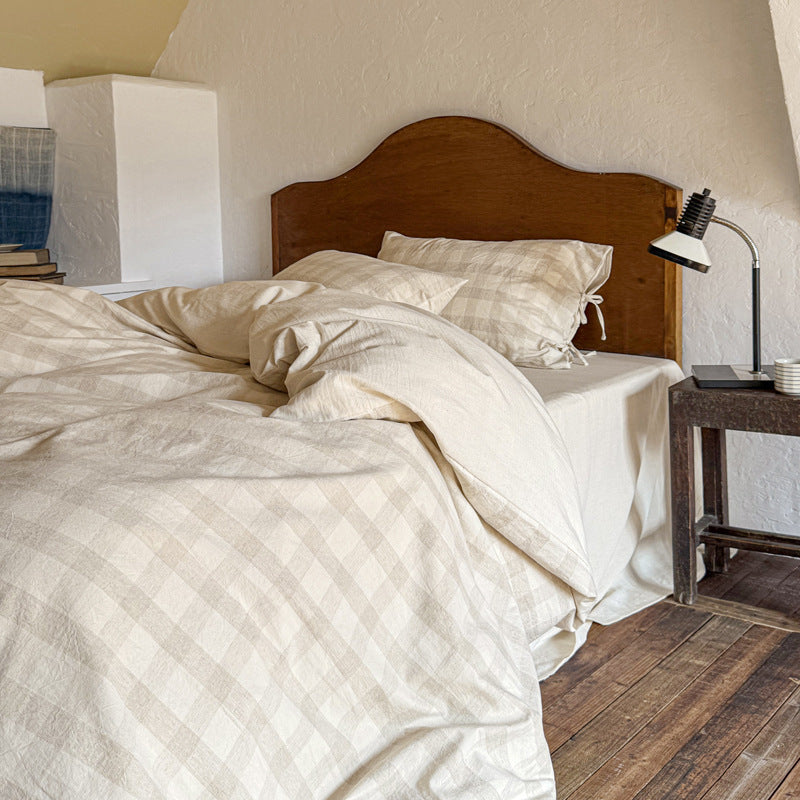 Ashfield Ivory Checkerboard Bedding Set – Pale checked duvet in a rustic bedroom - Roomden