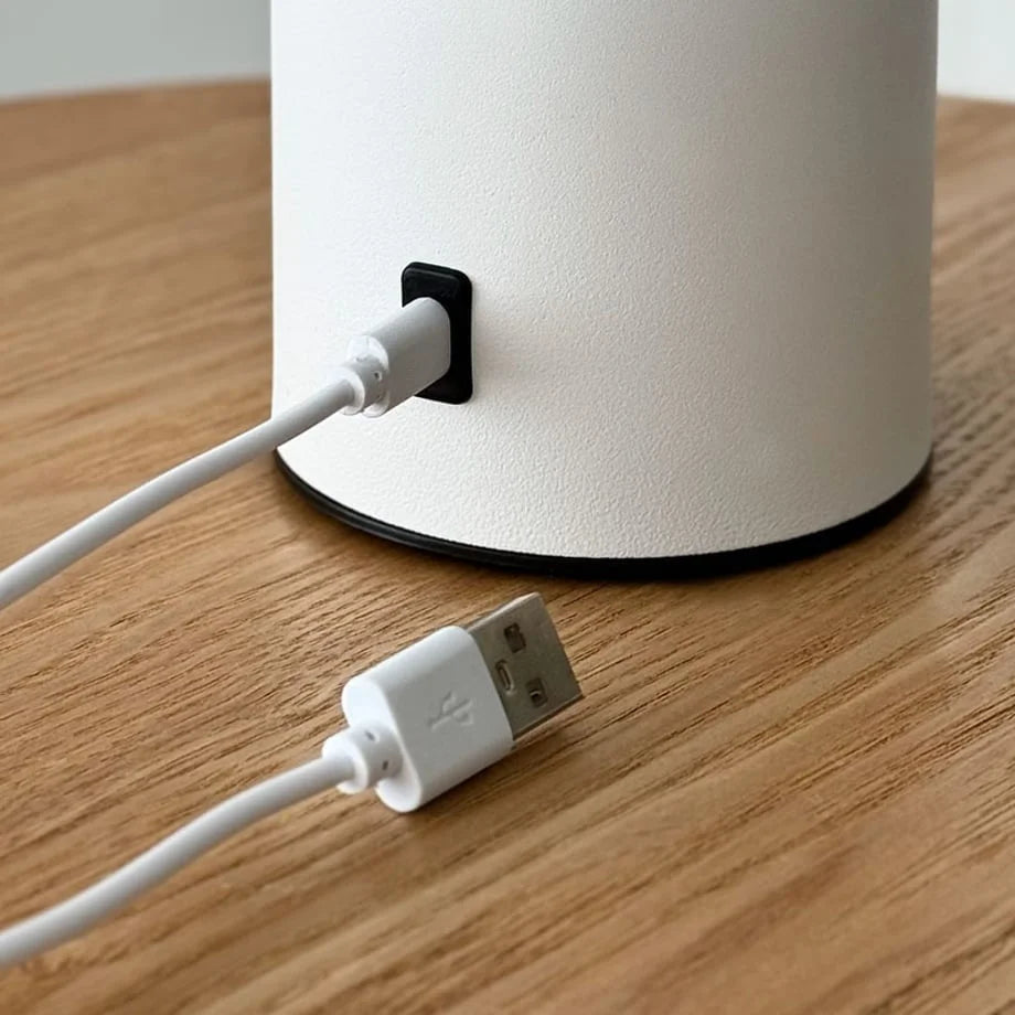 Detailed close-up of the Type-C charging port on the base of the Off-White mushroom lamp - RoomDen