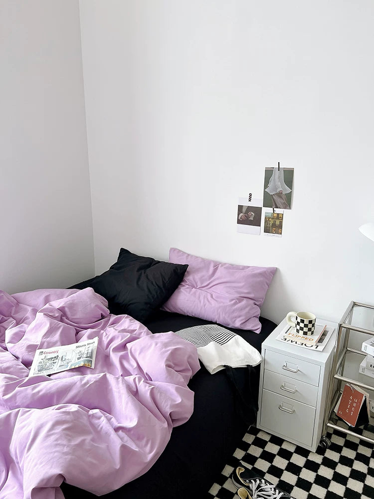 Washed Cotton Color-Block Bedding Set - Taro Purple + Black