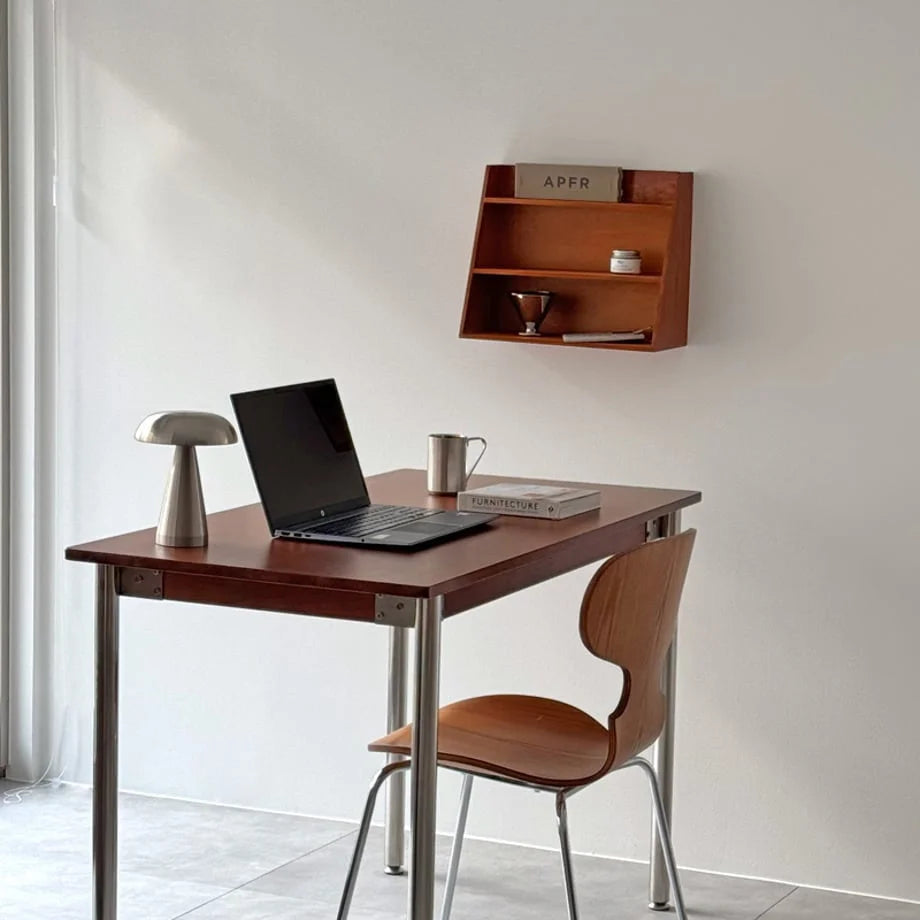 Wide view of a minimalist home office with the Natural Grain Wood Wall Shelf - RoomDen