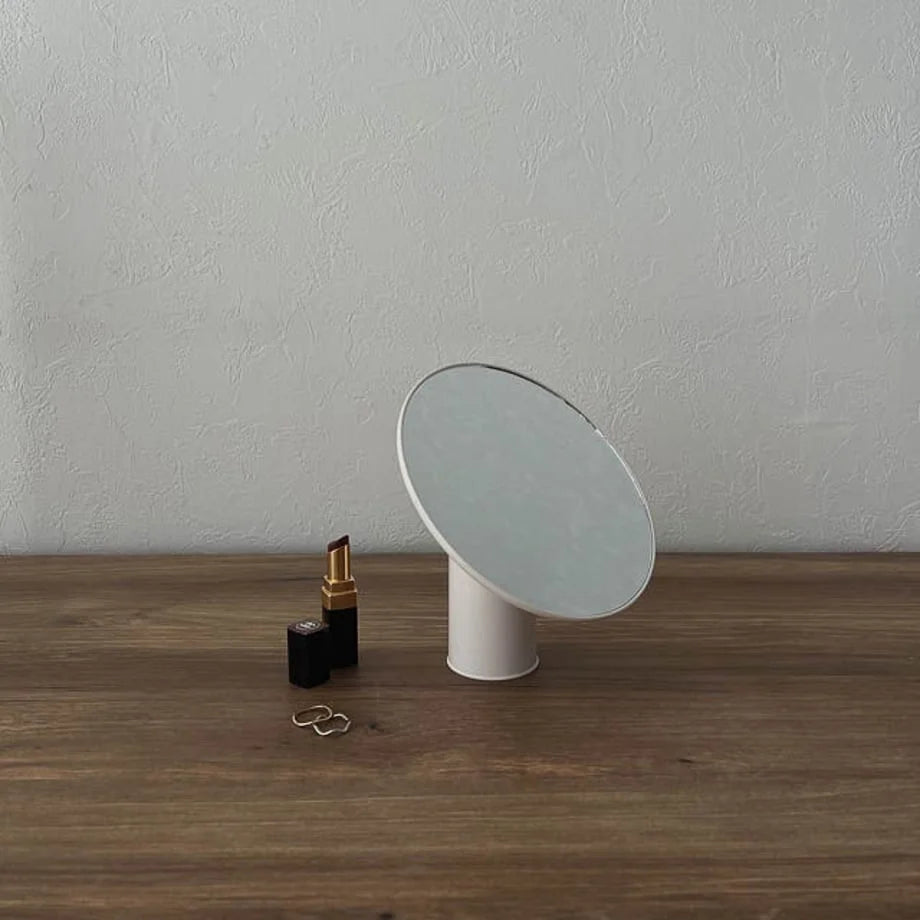 Sleek white minimalist rotating desktop mirror on a wooden table. - RoomDen