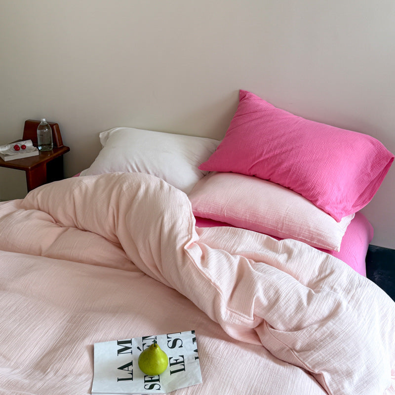 Double Gauze Cotton Bedding Set - Pink + Light Pink