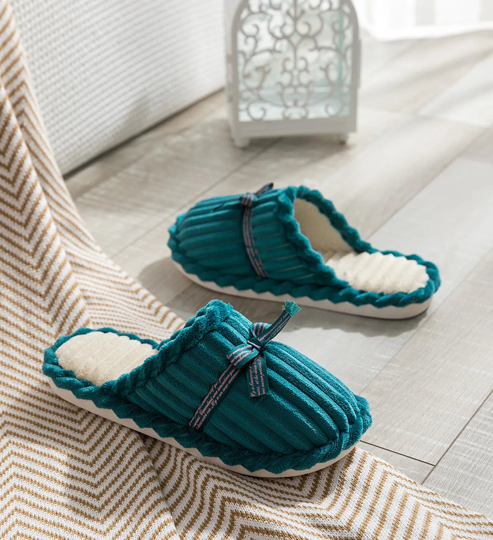 Teal Green Corduroy House Slippers with Fleece Lining