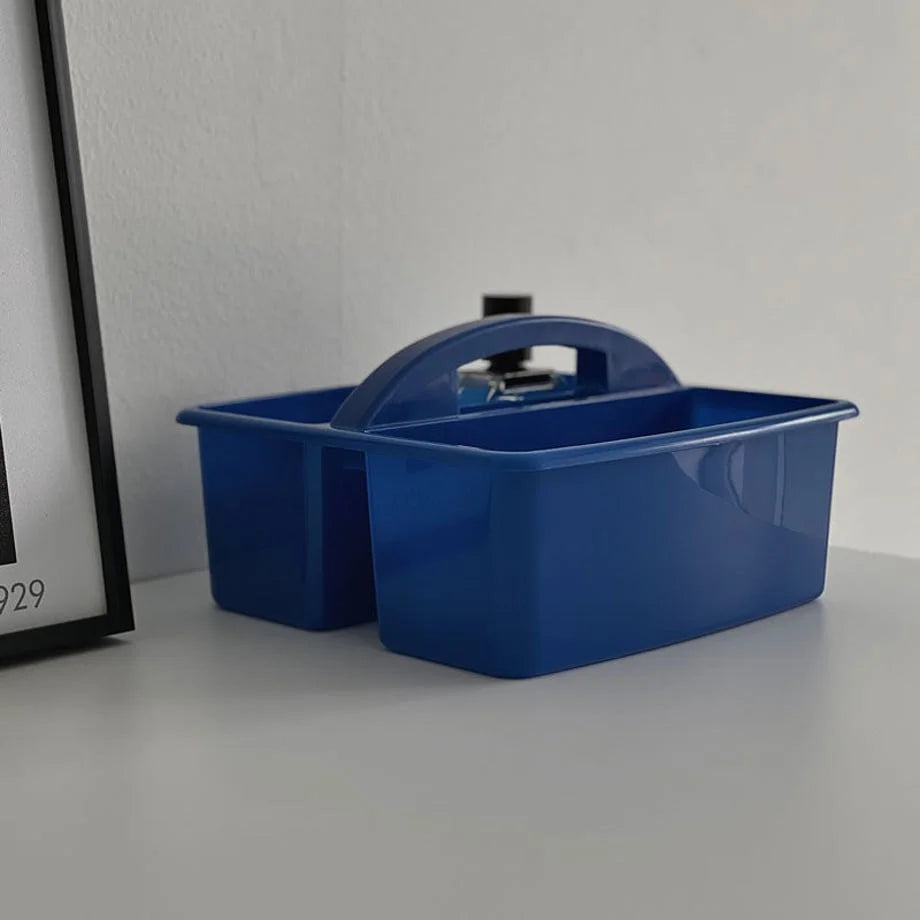 A different angle of the blue desktop organizer caddy with two compartments. - RoomDen