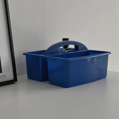 A different angle of the blue desktop organizer caddy with two compartments. - RoomDen