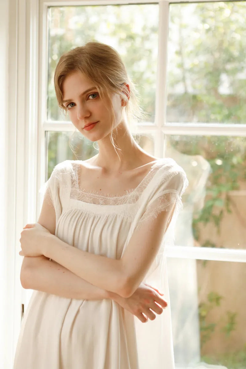 RoomDen Coquette Style White Nightgown with delicate lace trim