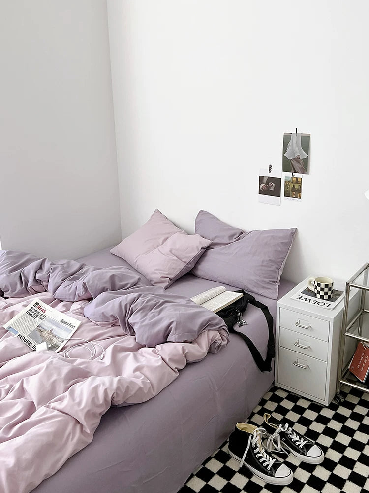 Washed Cotton Color-Block Bedding Set - Lilac + Purple