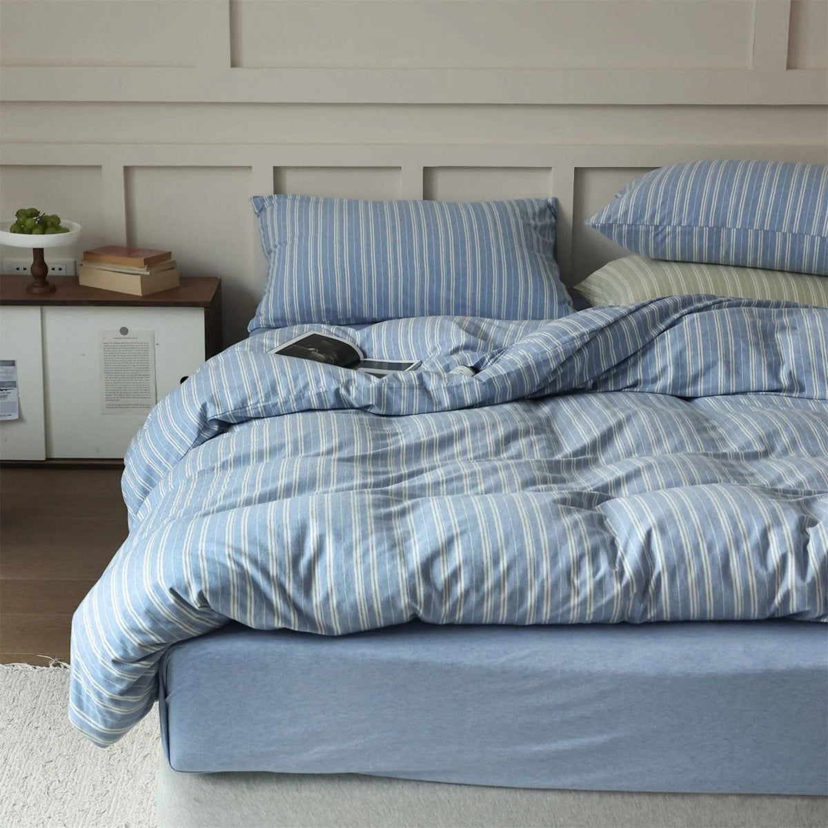 Denby striped jersey cotton bedding set in steel blue, view 14