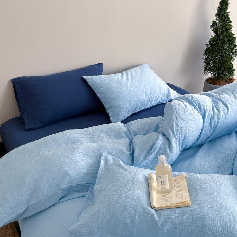 Double Gauze Cotton Bedding Set - Blue + Dark Blue