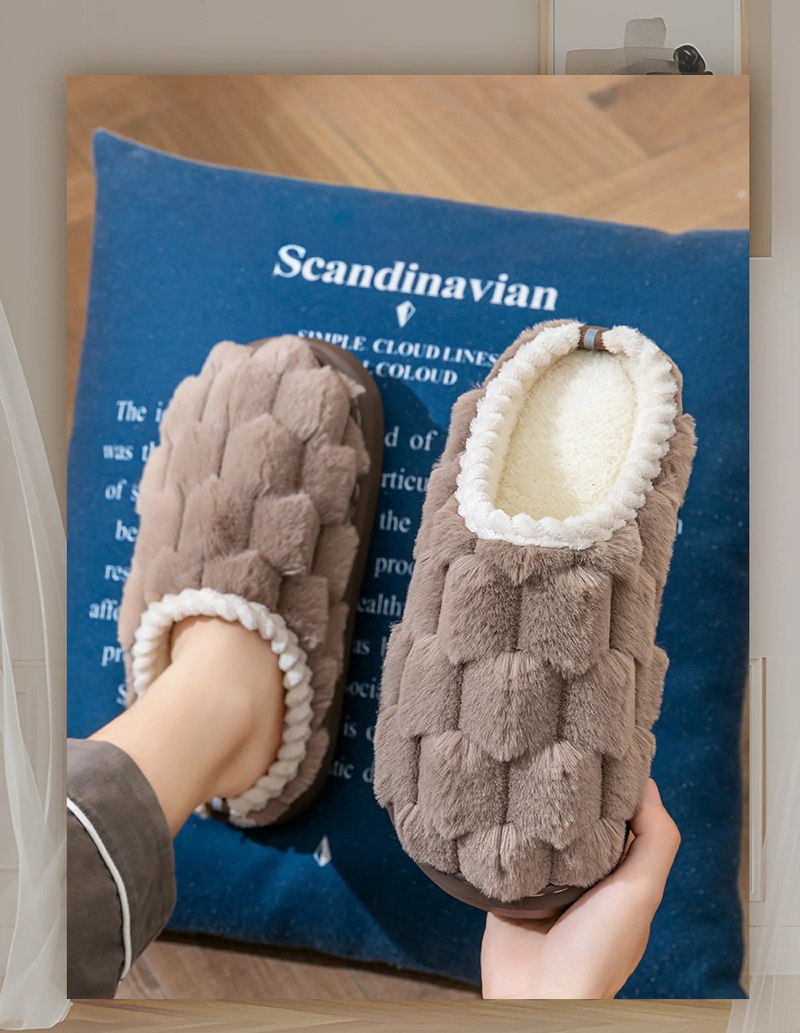 Woman wearing Mocha Brown Plush Slippers on wooden floor lifestyle shot - RoomDen