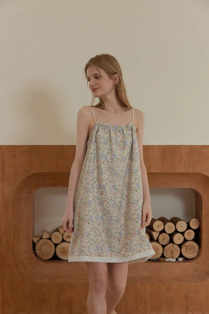 RoomDen Soft Ditsy Floral Washed Cotton Slip Pajama - 3/4 angle showing loose fit and drape