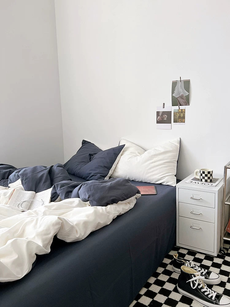 Washed Cotton Color-Block Bedding Set - White + Blue Grey