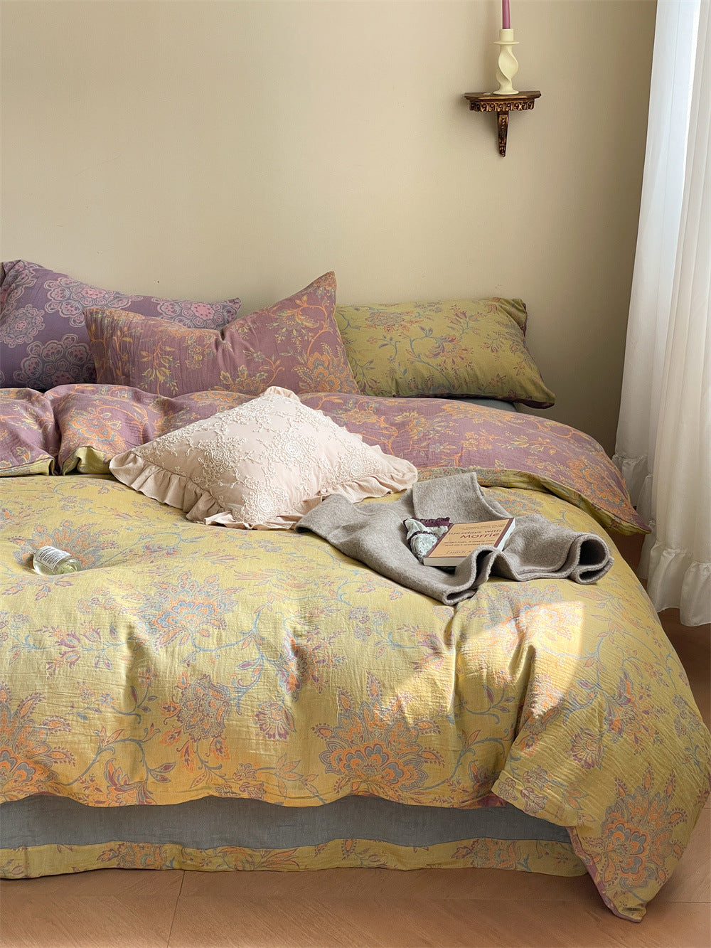 Ornella Butter Yellow Ornament bedding set – butter yellow ornament, bedroom view of the duvet and pillows, view 2 - Roomden