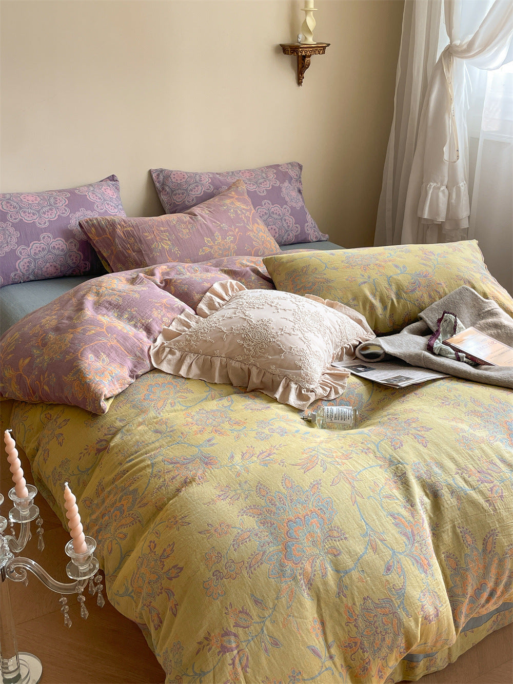 Ornella Butter Yellow Ornament bedding set – butter yellow ornament, bedroom view of the duvet and pillows, view 3 - Roomden