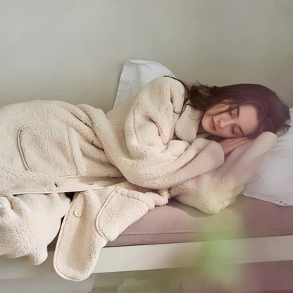 Model peacefully sleeping in the oversized Creamy Beige Sherpa Pajama Set, highlighting its soft texture.