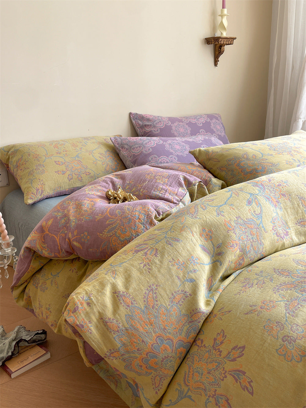 Ornella Butter Yellow Ornament bedding set – butter yellow ornament, bedroom view of the duvet and pillows, view 4 - Roomden