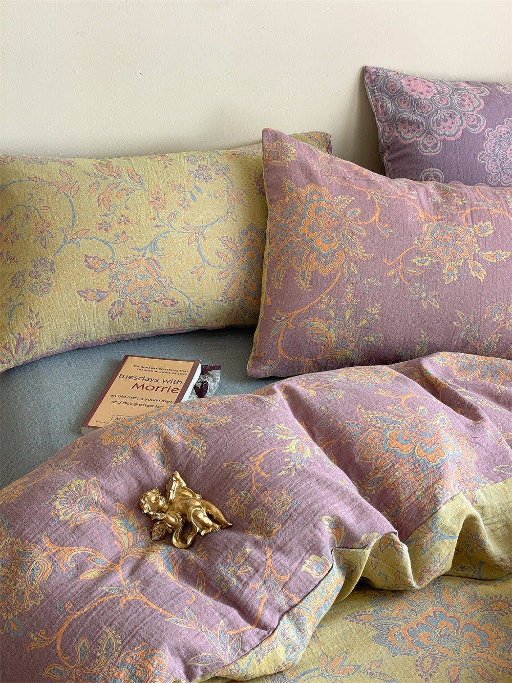 Ornella Butter Yellow Ornament bedding set – butter yellow ornament, angled view of the duvet and coordinating pillows, view 5 - Roomden