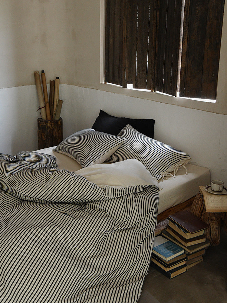 Ashfield Black Pinstripe Bedding Set – Front view of black pinstripe duvet and pillows - Roomden