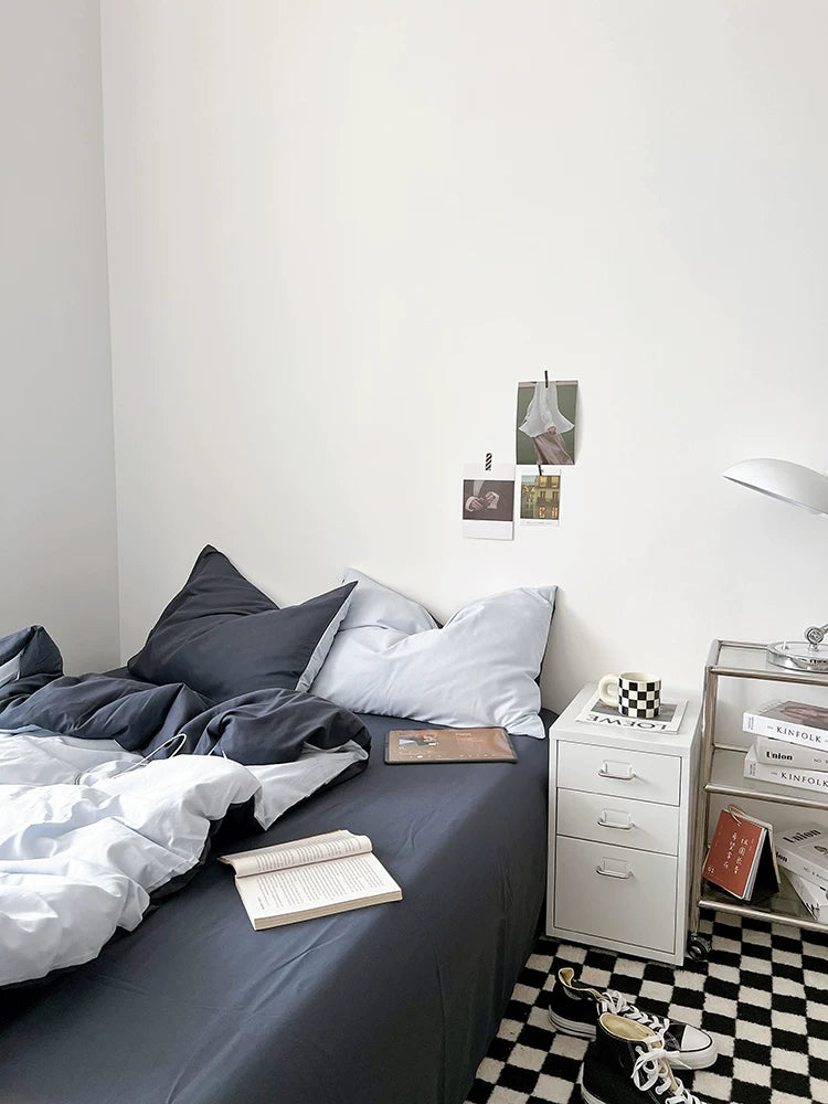 Washed Cotton Color-Block Bedding Set - Ocean Blue + Grey