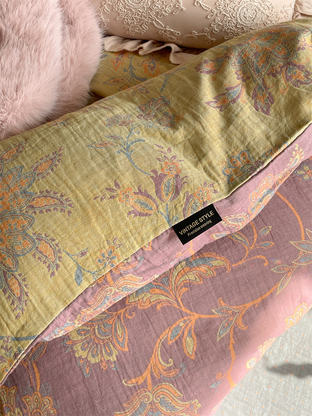 Ornella Butter Yellow Ornament bedding set – butter yellow ornament, close view of the patterned cotton gauze, view 8 - Roomden