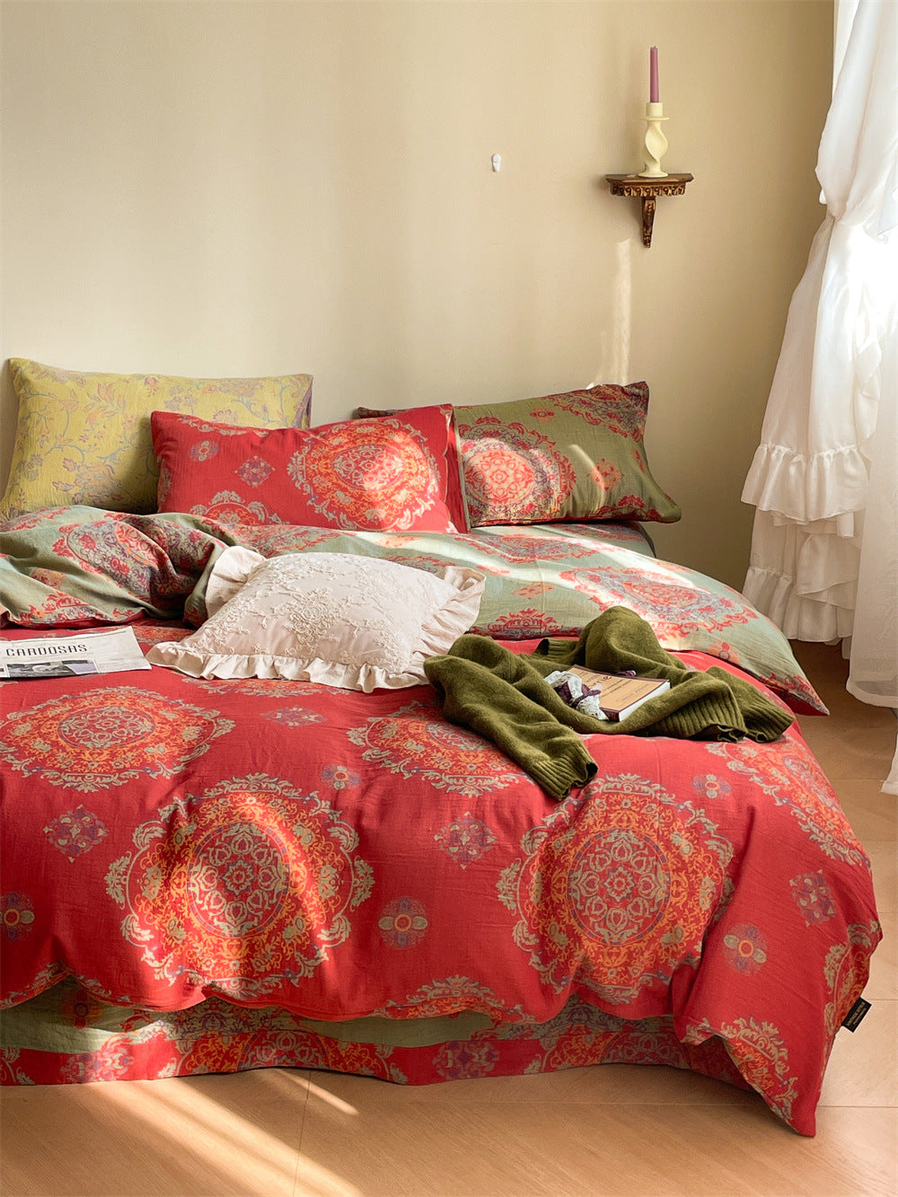 Ornella Vermilion Medallion bedding set – vermilion medallion, bedroom view of the duvet and pillows, view 2 - Roomden