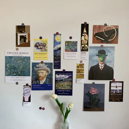 Van Gogh Tribute wall collage kit featuring "Starry Night" and other iconic prints on a white wall - RoomDen.