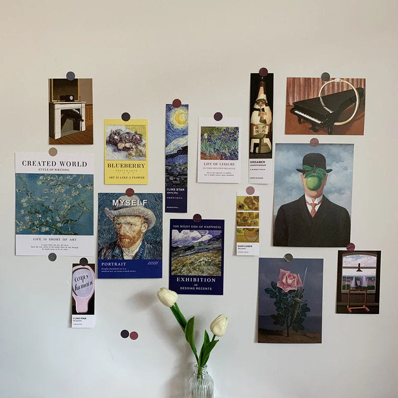 Van Gogh Tribute wall collage kit featuring "Starry Night" and other iconic prints on a white wall - RoomDen.