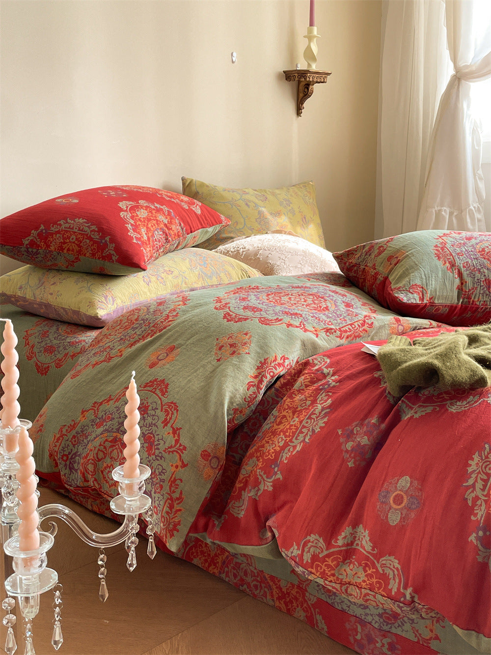 Ornella Vermilion Medallion bedding set – vermilion medallion, angled view of the duvet and coordinating pillows, view 4 - Roomden