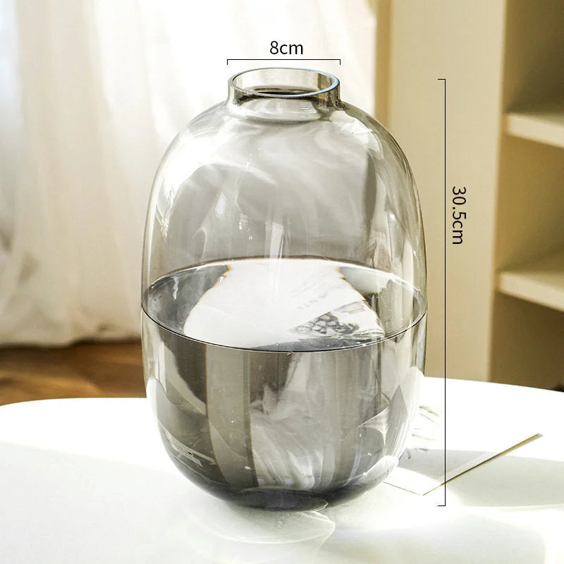 Close-up of the large-sized smoky grey tinted glass vase showing dimensions: 30.5cm height and 8cm mouth. - RoomDen