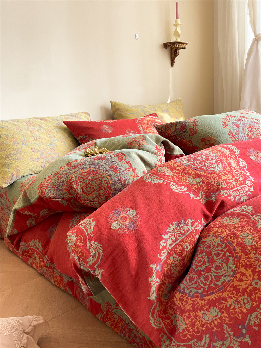 Ornella Vermilion Medallion bedding set – vermilion medallion, bedroom view of the duvet and pillows, view 6 - Roomden