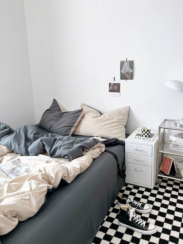 Washed Cotton Color-Block Bedding Set - Cream Apricot + Grey