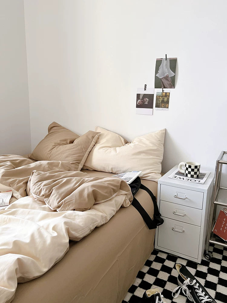 Washed Cotton Color-Block Bedding Set - Apricot + Mocha