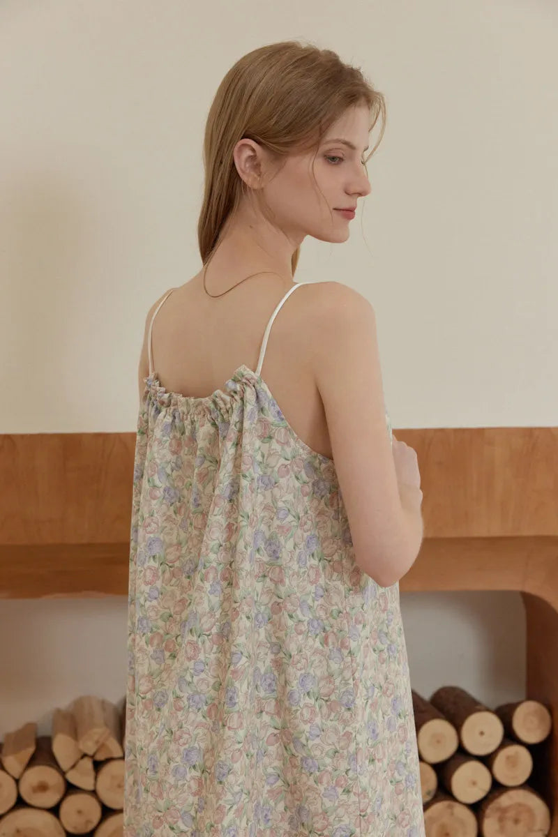 RoomDen Soft Ditsy Floral Washed Cotton Slip Pajama - Close up of back neckline and thin straps