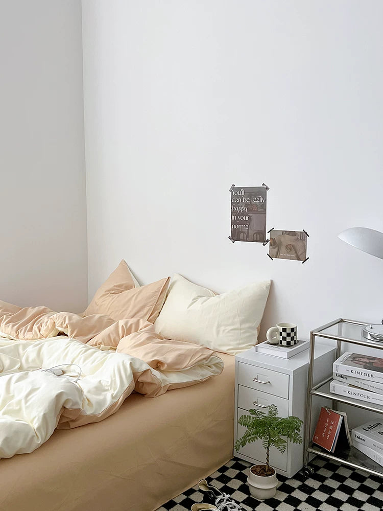Washed Cotton Color-Block Bedding Set - Cream + Butter