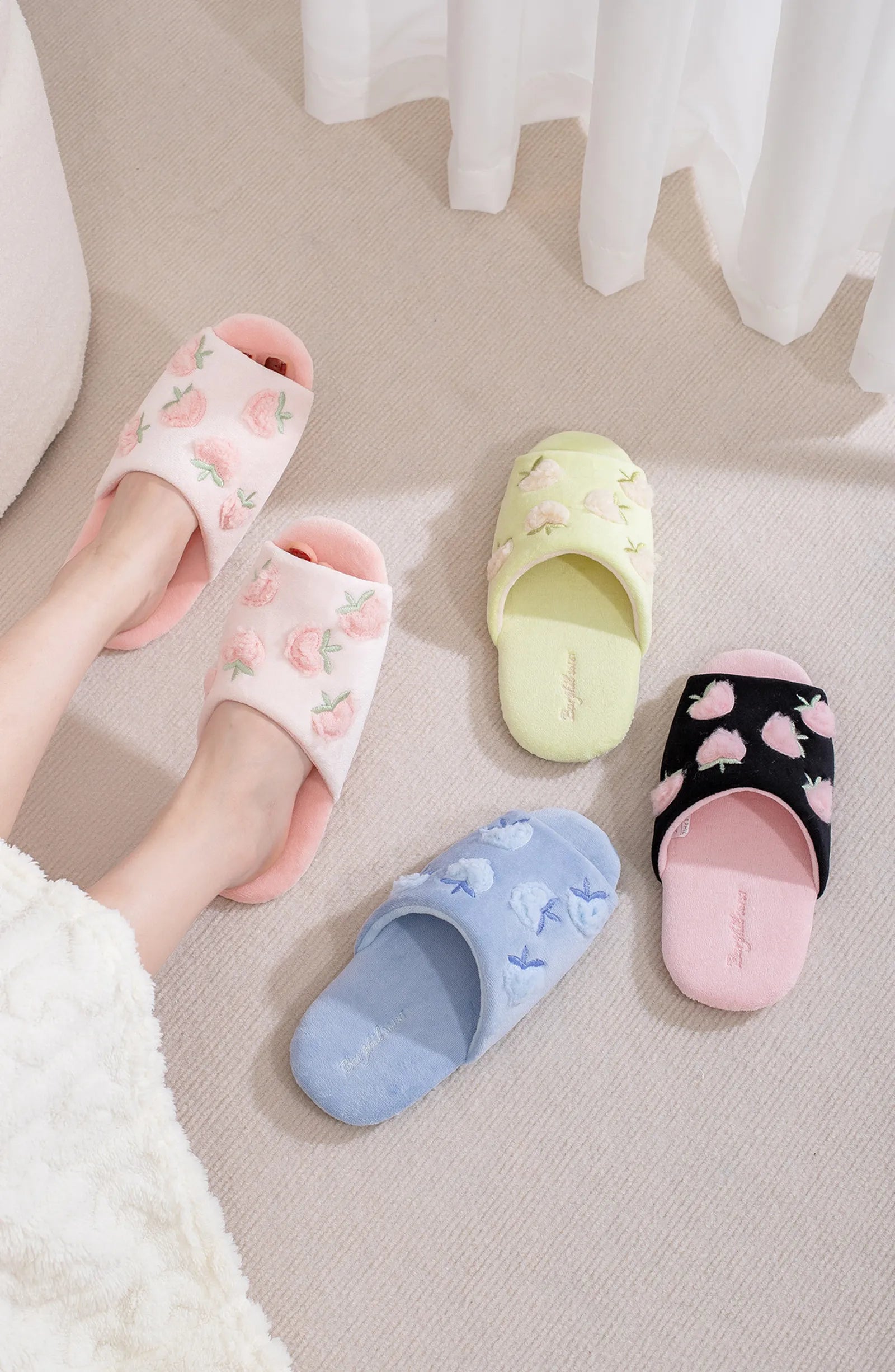 Group Shot of Fuzzy Peach Slides in Black Pink Green and Blue - RoomDen