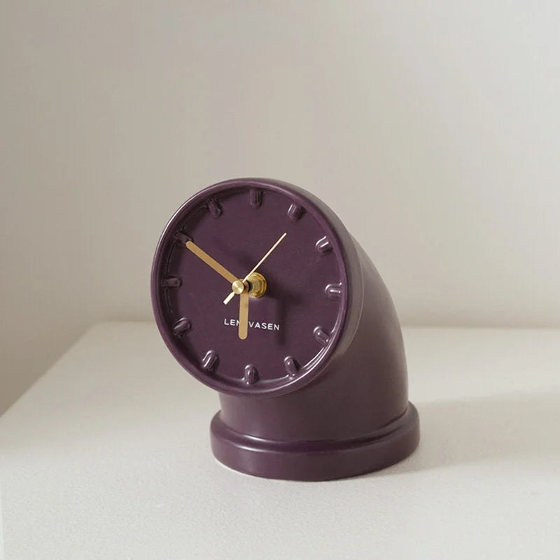 Plum purple Industrial Pipe Ceramic Table Clock on a white surface, showing its deep, glossy finish - RoomDen