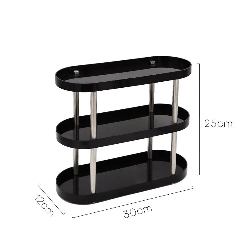A three-tier black makeup organizer with dimensions shown: 30x12x25cm. - RoomDen