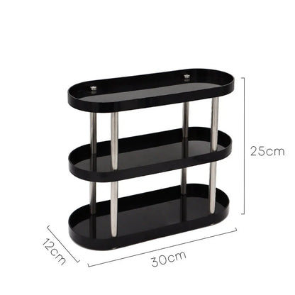 A three-tier black makeup organizer with dimensions shown: 30x12x25cm. - RoomDen